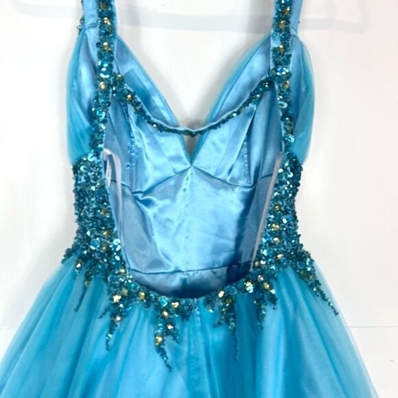 Sherri Hill Dress sz 4 Turquoise blue Sequins V Neck Mini Tulle Open Back Short - Picture 13 of 16